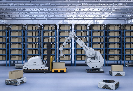 A large warehouse with robots and boxes

Description automatically generated with medium confidence