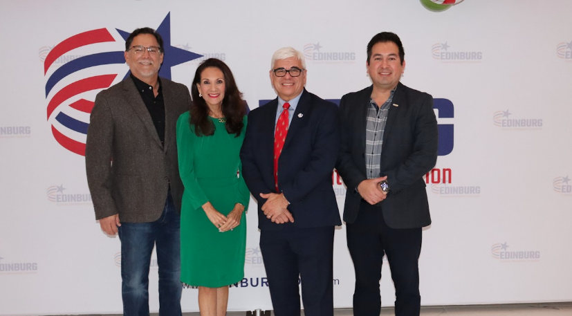 De izquierda a derecha; Rick Villarreal; Veronica González, vicepresidente senior de Relaciones Gubernamentales y Comunitarias UTRGV; Raudel Garza, CEO Edinburg EDC; David Ortiz, director TMAC Rio Grande Valley.