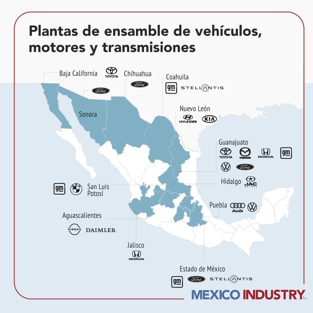 Mapa actualizado de la red de armadoras en México: distribución regional, capacidad instalada por tipo de planta y perspectivas hacia la electromovilidad, con datos de producción y clústeres.